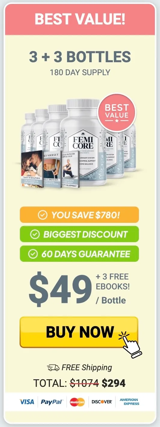 FemiCore 6 bottles - 180 day supply best value